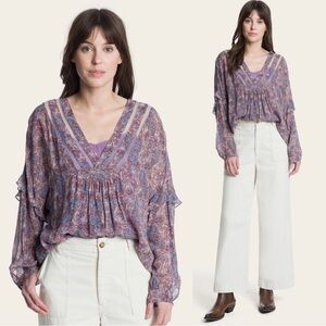Frye Violet Dusk Paisley‎ Floral Peasant Top Size XS